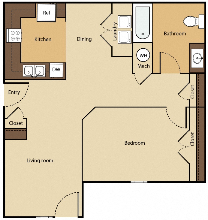 Floor plan for 1 bed, 1 bath, 811 sqft